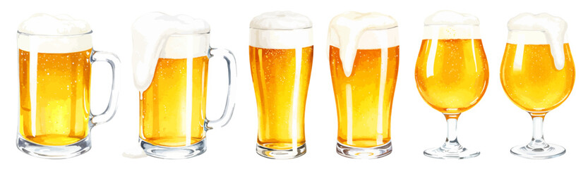ビールの水彩風イラスト 泡の溢れるビールと様々なグラスのベクターイラストセット