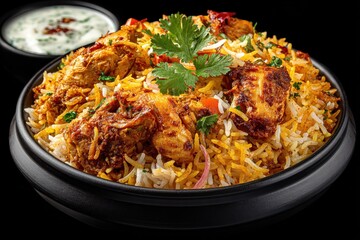 Delicious chicken biryani with raita served in black bowl on a dark background. Great image to showcase Indian cuisine, food blogs or restaurant promotions.