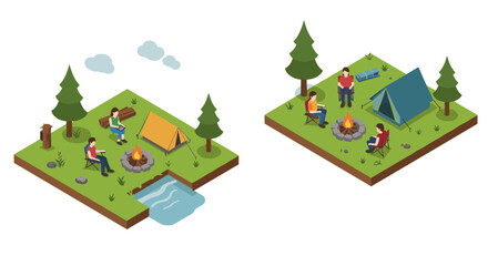 Isometric camping scene with tents, campfire, and people in nature