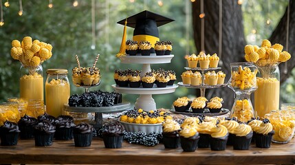 Graduation celebration dessert table featuring cupcakes cake pops and drinks in yellow and black