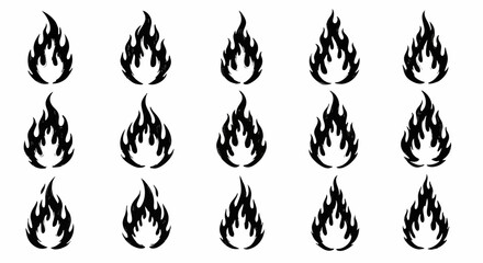 Dynamic black flame icons set perfect for modern designs and energetic branding projects