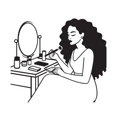 Black and white line art of a beautiful woman doing makeup at dressing table with mirror illustration