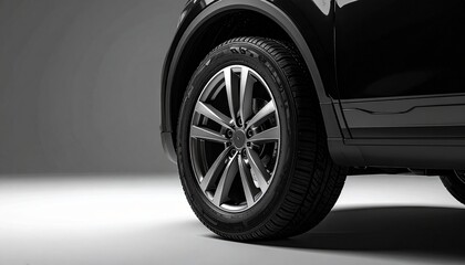 Naklejka premium Close-up of a Black SUV Tire and Rim on a Gray Background with Copy Space