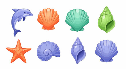 Vibrant sea life collection featuring a cheerful dolphin, starfish, and colorful seashells for summer designs