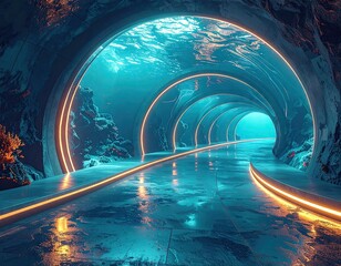 Futuristic Glowing Underwater Cityscape Tunnel