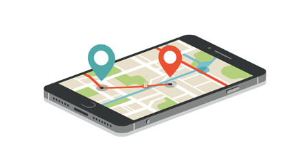 3d isometric smartphone with gps navigation map and location pins