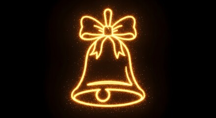 Golden glowing bell with bow and sparkles on black background