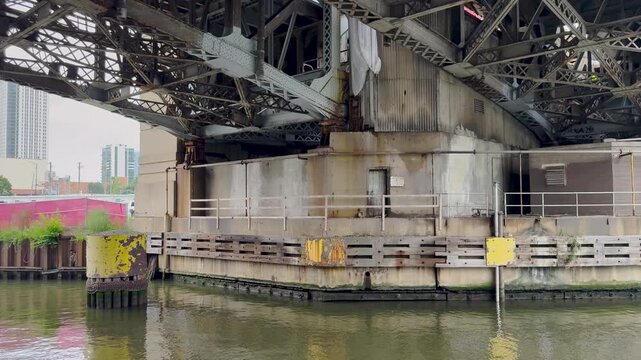 Moving under a bascule bridge on the Chicago River. The Grand Avenue Bridge is a fixed-trunnion bascule bridge in Chicago, Illinois, that crosses the North Branch Chicago River.