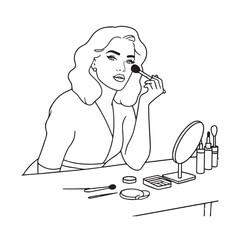 Black and white line art of a beautiful woman doing makeup at dressing table with mirror illustration