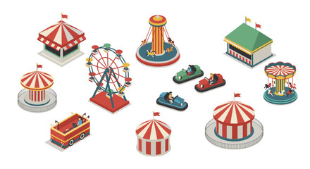 Isometric amusement park rides and attractions set for design projects