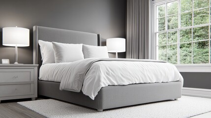 Fototapeta premium The minimalist bedroom features gray concrete walls, a plush bed with white sheets and gray pillows, and soft lighting from stylish lamps. A window lets in natural light