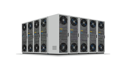 Modern data center server racks in realistic 3d design
