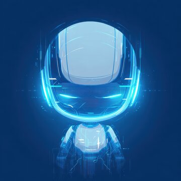 A futuristic robot character stands against a dark blue backdrop. Its sleek design features glowing blue lines, and it has a minimalist face, suggesting a high-tech theme.
