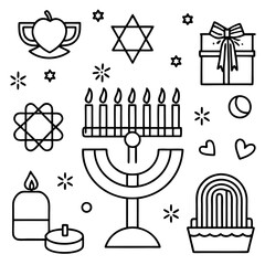 A vector of Happy Hanukkah icons set design outline