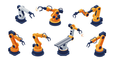 Robotic arms in isometric style: industrial automation and manufacturing technology