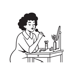 Black and white line art of a beautiful woman doing makeup at dressing table with mirror illustration