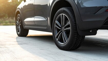 Naklejka premium Close-up of Car Wheel on Concrete Modern Automotive Design