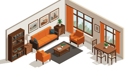 Modern isometric living room with cozy furniture and large windows