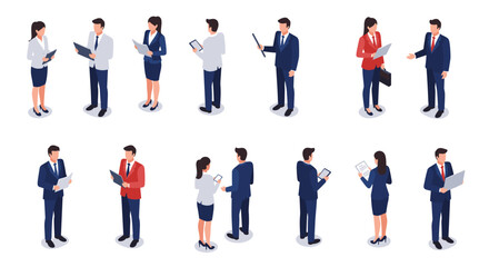 Business professionals engaging in collaborative work in isometric style