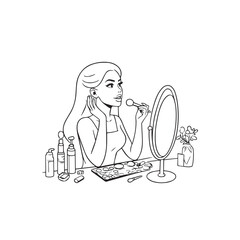 Black and white line art of a beautiful woman doing makeup at dressing table with mirror illustration