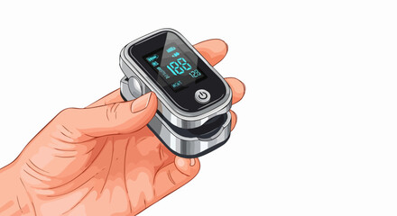 Hand holding pulse oximeter displaying readings for health monitoring, medical checkups