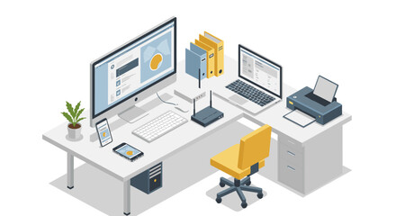 Modern office workspace with computer and printer in isometric style