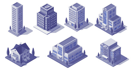 Modern isometric urban buildings set in minimalist purple tones