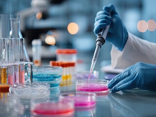Scientist conducting laboratory experiment with petri dishes and pipettes.