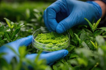 Scientist examining plant samples in petri dish, research, botany, nature, laboratory.