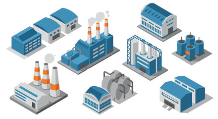 Obraz premium Isometric industrial buildings set with factories and warehouses