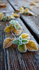 Soft frost forming around vibrant leaves on wooden floorboards, peaceful atmosphere, no text or logo