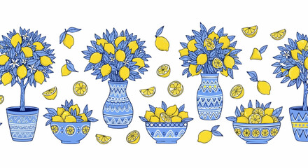 Vibrant lemon trees and bowls bursting with fresh citrus fruit bring sunny Mediterranean vibes