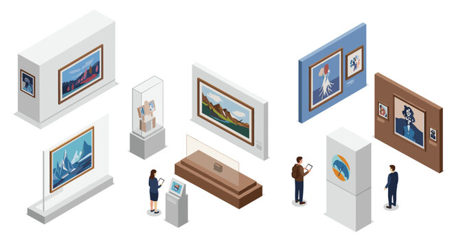 Isometric art gallery with people viewing paintings and exhibits