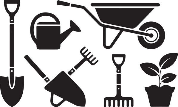 Gardening tools icons planting and watering essentials