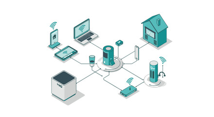 Smart home network isometric design featuring connected devices and iot technology