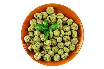 Gnocchi spinach potato dough second course portion size natural product tasty snack fresh delicious gourmet food background on the table rustic top view copy space