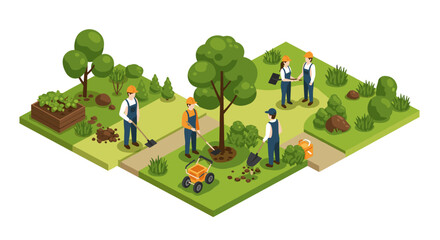 Isometric garden landscape with workers planting and gardening in lush greenery