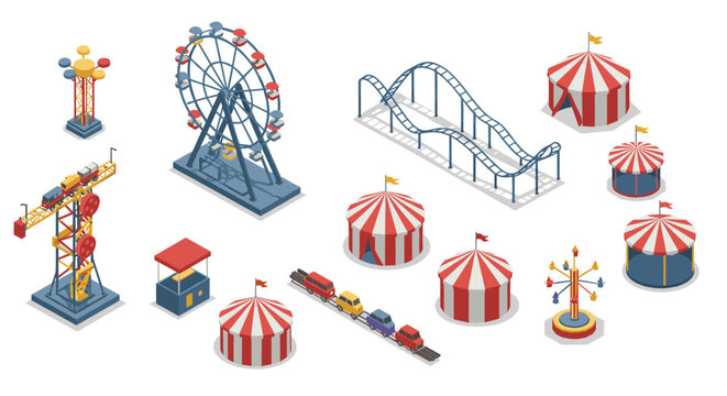 Colorful isometric amusement park with ferris wheel and roller coaster for summer fun design