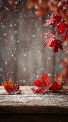 Calm scene with red maple leaves and crystalized snow on brown wood, balanced lighting, no text or logo