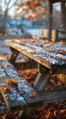 Wooden picnic table covered in leaves and snowflakes, morning light, no text or logo
