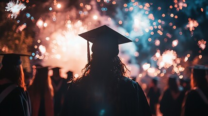 Silhouetted graduates wearing caps and gowns watch fireworks illuminate the night sky