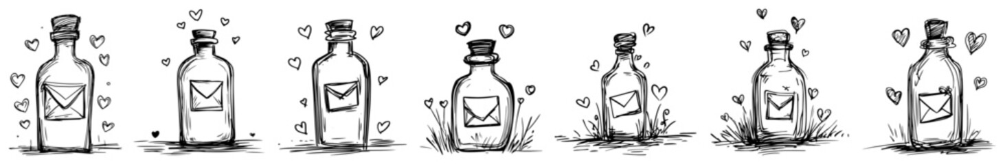 Doodle Collection of a Message in a Bottle with Hearts