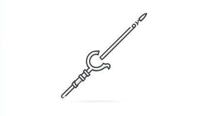A minimalist line drawing of a stylized spear or staff with a curved handle and a pointed tip, set against a white background, with a subtle drop shadow