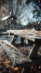 Wooden picnic table covered in leaves and snowflakes, morning light, no text or logo