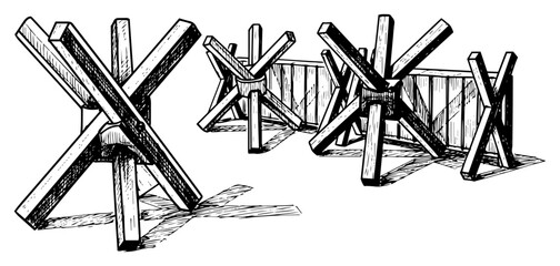 Czech Hedgehog Anti Tank Obstacles and Barbed Barrier Illustration black shape vector laser cutting engraving monochrome print