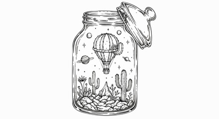 Whimsical desert landscape with cactus balloon and planets inside a jar illustration for creative projects