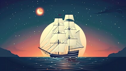 A three-masted sailing ship navigates tranquil waters under a crescent moon and a large, bright full moon, set against a backdrop of a star-studded night sky and silhouetted mountains