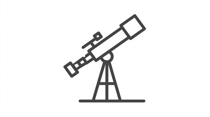 A line-art illustration of a refracting telescope on a tripod, angled slightly upward, suggesting observation of celestial objects.  The design is simple, clean, and