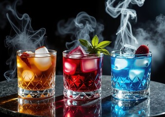 Vibrant cocktail trio with smoke effect for elegant event design