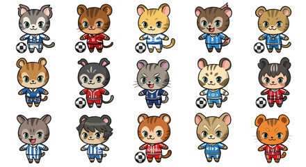 Flat lay illustration of fifteen cute cartoon animal soccer players in various uniforms, against a white background, showcasing a playful and colorful style.